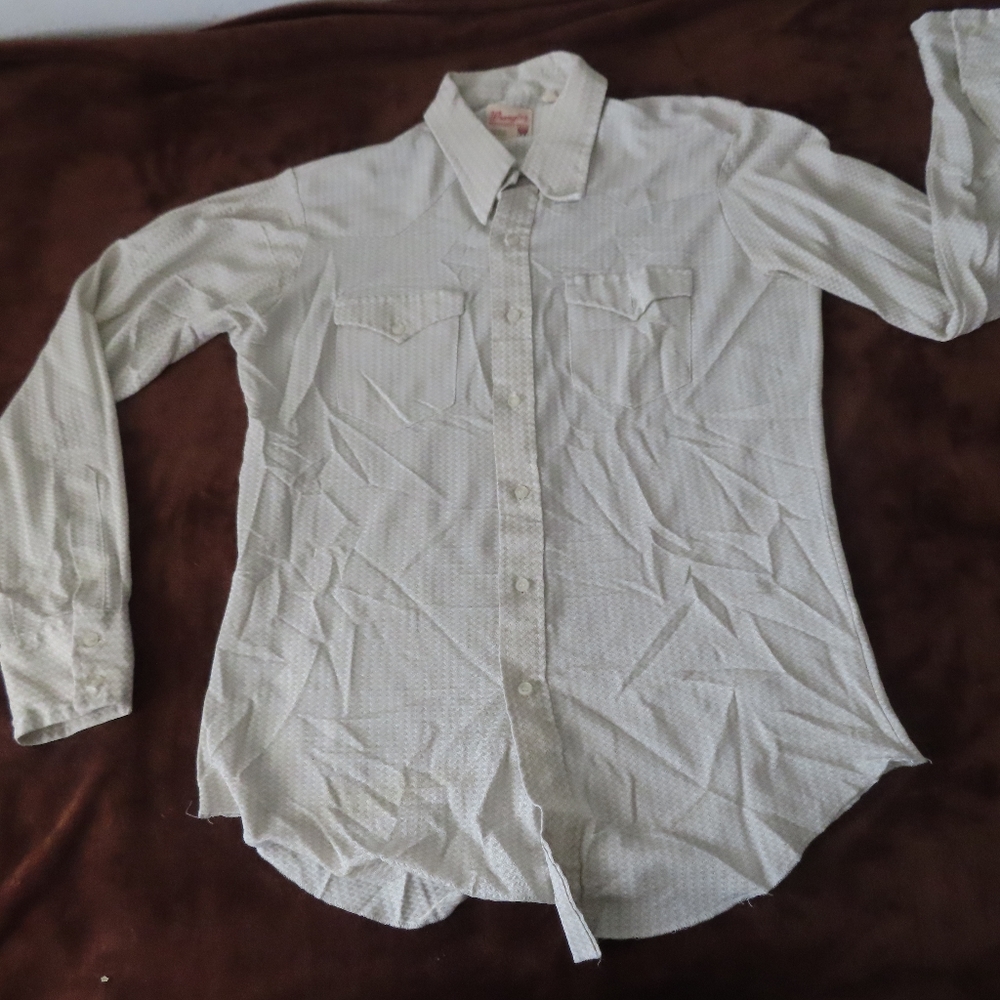 VTG Wrangler print Western Shirt Mens button up Long Tails Made in USA 16.5 35